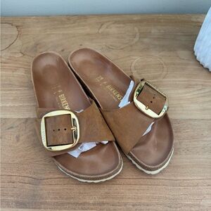 Birkenstock Brown Leather Single-Strap Slides with Gold Buckles